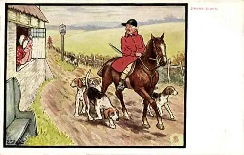 Künstler Ak Bredouille, Jäger mit Jagdhunden vor einem Haus, Frau schaut aus dem Fenster