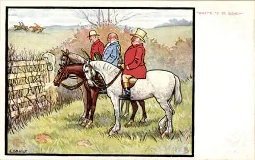 Künstler Ak Männer zu Pferden, Zaun, Wiese