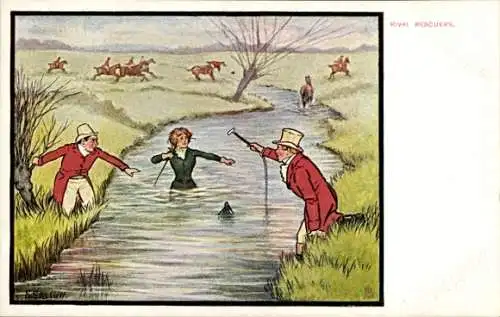 Künstler Ak Rival Rescuers, Reiter, abgeworfene Frau in einem Bach