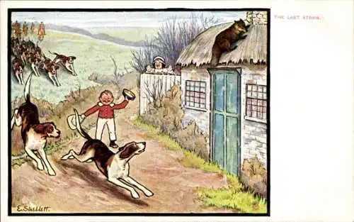 Künstler Ak Jagdhunde jagen einen Fuchs, Jagdszene