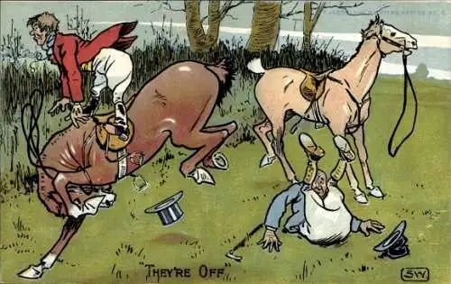 Künstler Ak Ungezügelte Pferde, Mann liegt auf dem Boden