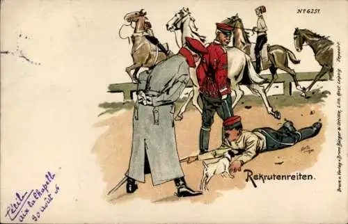 Ak Rekrutenreiten, Soldat liegt auf dem Boden, Pferde