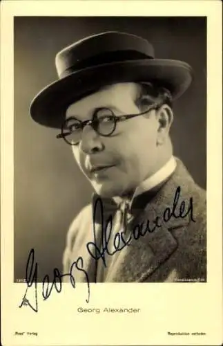 Ak Schauspieler Georg Alexander, Portrait mit Hut und Brille, Autogramm