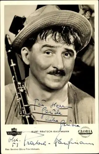 Ak Schauspieler Kurt Pratsch-Kaufmann, Portrait, Hut, Musikinstrument, Autogramm