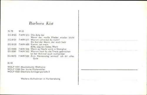 Ak Sängerin Barbara Kist, Portrait, Autogramm