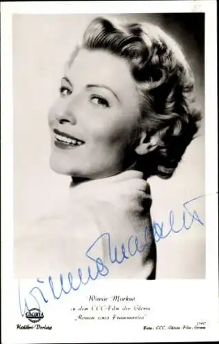 Ak Schauspielerin Winnie Markus, Portrait, Film Roman eines Frauenarztes, Autogramm