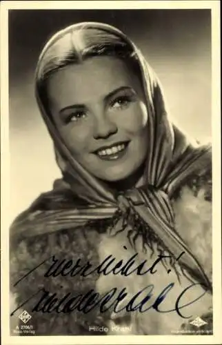 Ak Schauspielerin Hilde Krahl, Portrait, Kopftuch, Autogramm