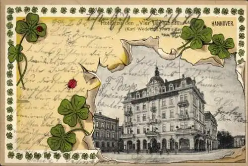Präge Passepartout Ak Hannover, Hotel zu den Vier Jahreszeiten, Inh. Karl Wedekind, Kleeblätter