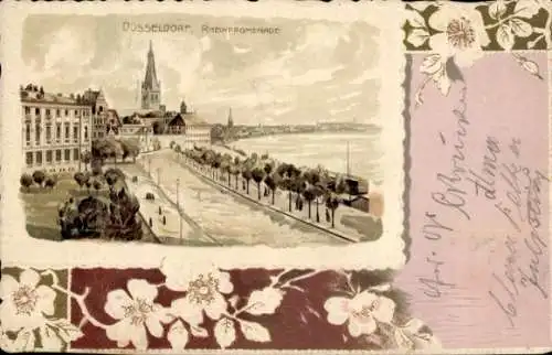Präge Passepartout Litho Düsseldorf am Rhein, Rheinpromenade