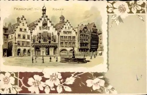 Präge Passepartout Litho Frankfurt am Main, Der Römer, Rathaus, Brunnen, Blumen