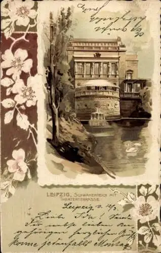 Präge Passepartout Litho Leipzig, Schwanenzeich, Theaterterrasse, Rosen