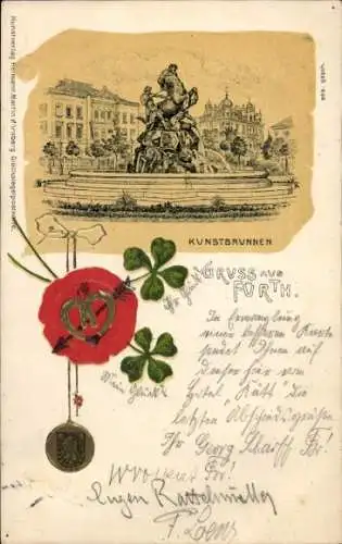 Präge Passepartout Litho Fürth in Mittelfranken Bayern, Kunstbrunnen, Siegel, Klee, Hufeisen