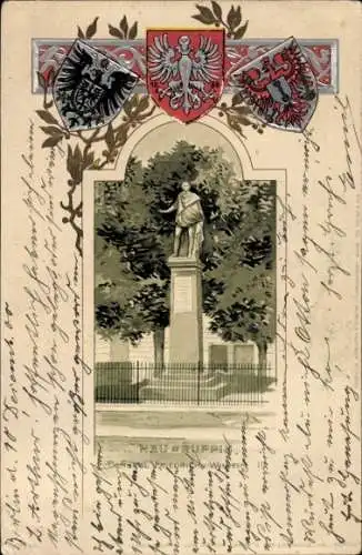 Präge Wappen Passepartout Litho Neuruppin in Brandenburg, Denkmal Friedrich Wilhelm II