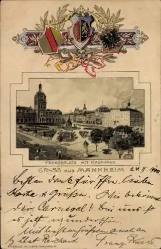 Präge Wappen Passepartout Litho Mannheim in Baden, Paradeplatz, Kaufhaus