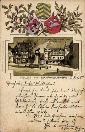 Wappen Litho Braunschweig in Niedersachsen, Löwensäule, Burgplatz