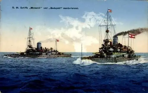 Ak Kuk Kriegsschiffe SMS Monarch, SMS Budapest, manövrierend