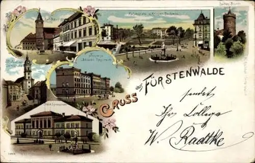 Litho Fürstenwalde an der Spree, Kaiserplatz, Kriegerdenkmal, Kaserne Ulanen Regiment, Gymnasium