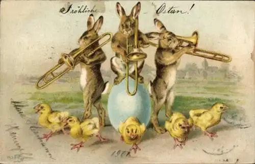 Litho Frohe Ostern, Musizierende Hasen, Ei, Küken