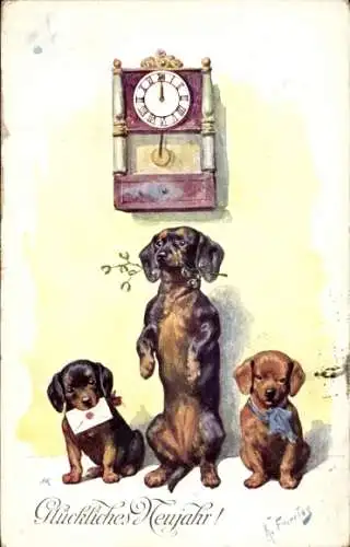 Ak Glückwunsch Neujahr, Uhr, Dackel, Mistelzweige