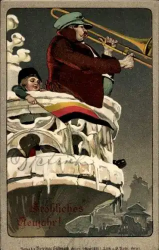 Litho Glückwunsch Neujahr, Turmbläser musiziert auf dem Kirchturm