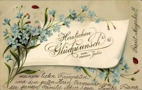Präge Ak Fröhliches Neujahr, Vergissmeinnicht, Marienkäfer