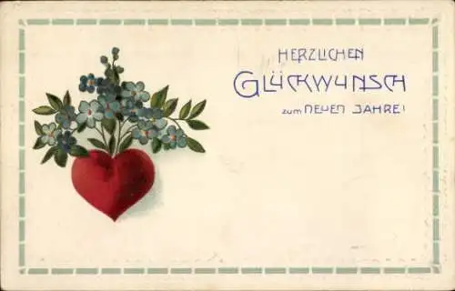 Präge Ak Fröhliches Neujahr, Herz, Vergissmeinnicht