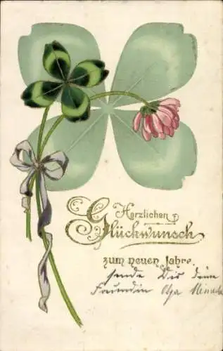 Ak Glückwunsch Neujahr, Glücksklee, Schleife