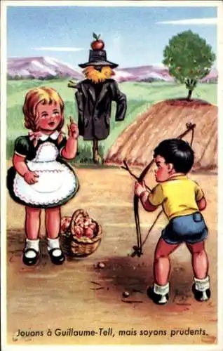 Künstler Ak Kinder, Vogelscheuche, Bogenschütze