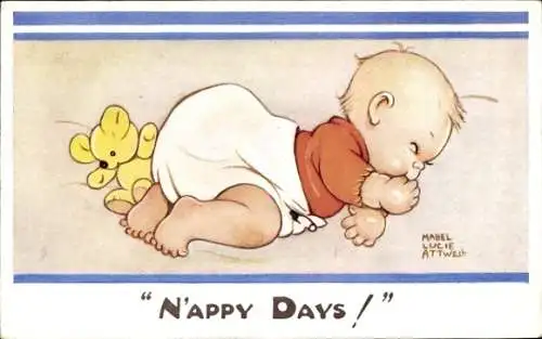 Künstler Ak Attwell, M. L., Schlafendes Baby, Teddy, Windel