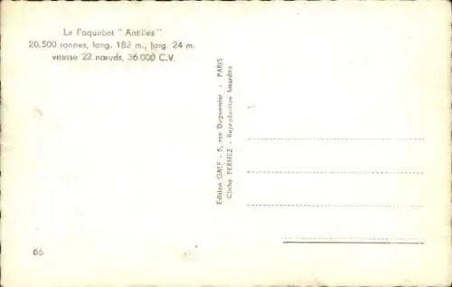 CPA Compagnie Générale Transatlantique, Paquebot Antilles