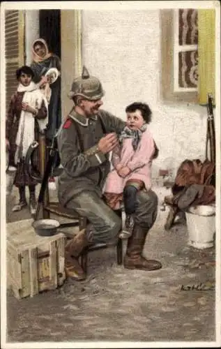 Künstler Ak Heilemann, E., Barbaren, Deutscher Soldat füttert Kleinkind