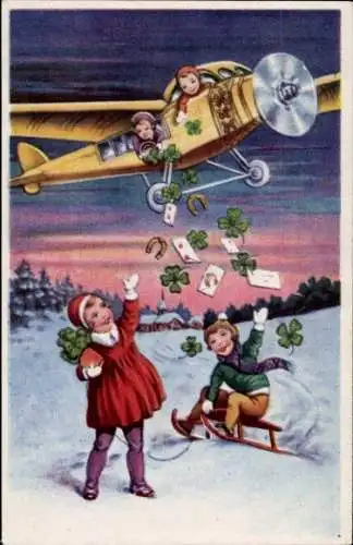 Ak Flugzeug, Kinder mit Schlitten, Kleeblätter, Hufeisen, Winterlandschaft