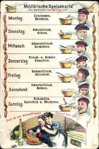 Ak Militärische Speisekarte, So speisen zu Mittag wir, Soldaten