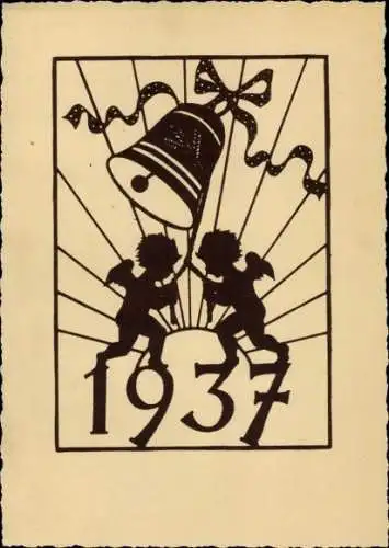 Scherenschnitt Ak Fröhliches Neujahr, Jahreszahl 1937, zwei Engel läuten Glocke