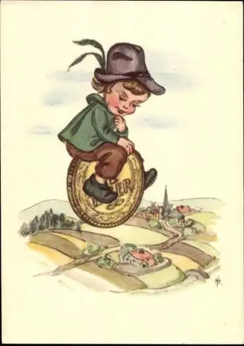 Künstler Ak Märchen, Ortspanorama, Kind auf einer Münze