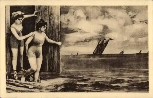 Ak Zwei junge Frauen in Badeanzügen stehen am Ufer