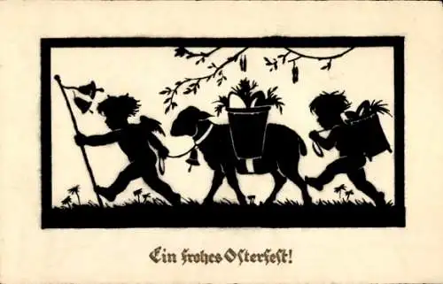 Scherenschnitt Ak Glückwunsch Ostern, Engel, Lamm, Glocken