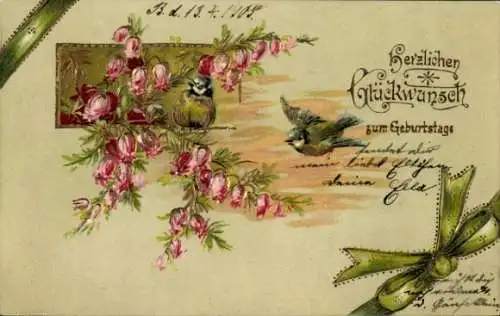 Präge Litho Glückwunsch Geburtstag, Blumen, Meisen