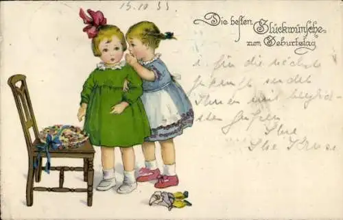 Ak Glückwunsch Geburtstag, Mädchen, Gespräch, Geschenk, Puppe