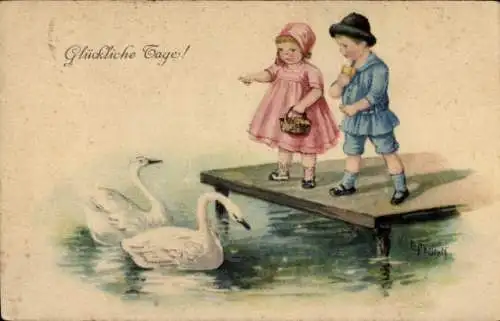 Künstler Ak Glückwunsch, zwei Kinder stehen auf dem Steg und füttern die Schwäne
