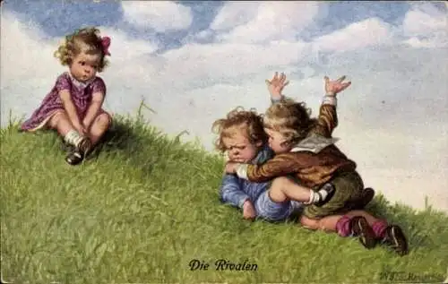 Künstler Ak Zwei Jungen kämpfen auf einer Wiese, Die Rivalen