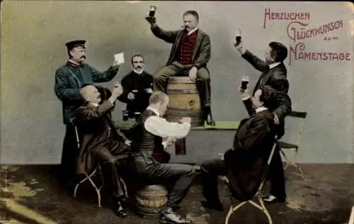 Ak Glückwunsch Namenstag, Männer trinken Bier