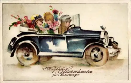 Ak Glückwunsch Geburtstag, Autofahrt, Blumensträuße, Kitsch