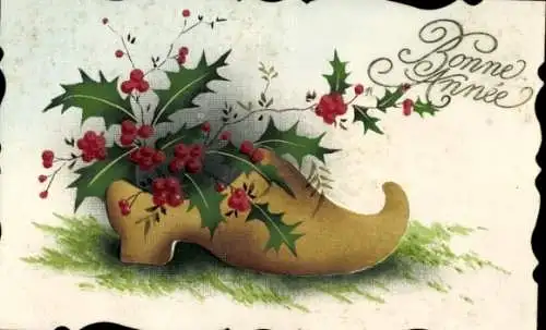 Ak Glückwunsch Neujahr, Stechpalme, Schuh