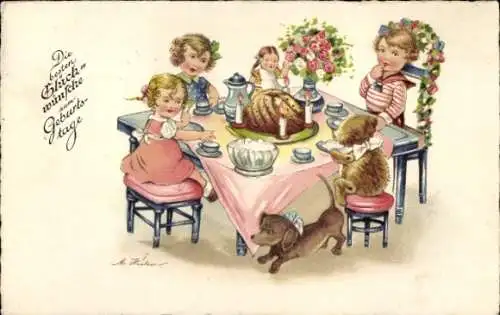Künstler Ak  Glückwunsch zum Geburtstag, Kinder sitzen an einem Tisch und feiern