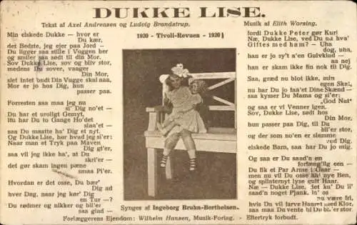 Lied Ak Dukke Lise, Mädchen mit Puppe, Text von Axel Andreasen