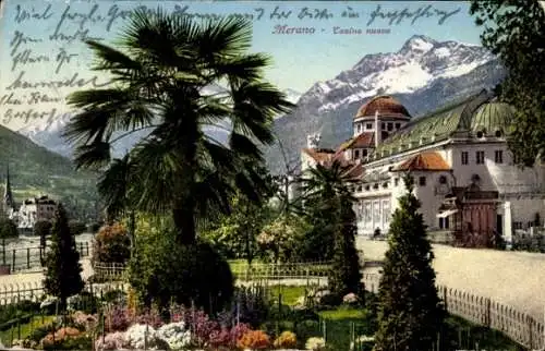 Ak Meran Merano Südtirol, Casino nuovo, Palmen, Berge, blühende Blumen, Postkarte