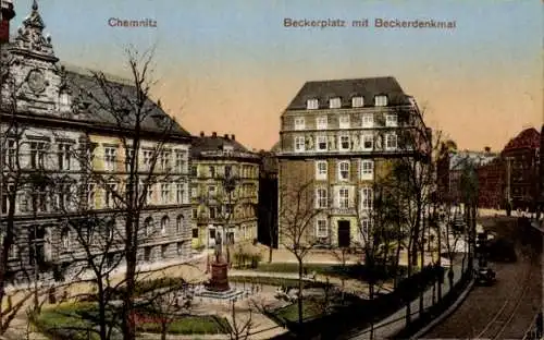 Ak Chemnitz in Sachsen,  Beckerplatz, Beckerdenkmal, historische Architektur