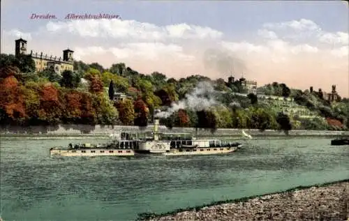 Ak Dresden Altstadt Friedrichstadt, Dampfschiff, Elbe, Albrechtsschlösser, farbenprächtige Lan...