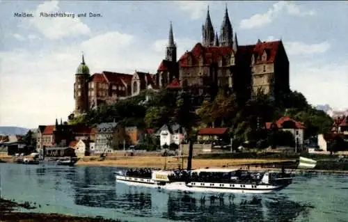 Ak Meißen an der Elbe, Albrechtsburg, Dom, Elbe, Dampfschiff, historische Architektur, Landschaft